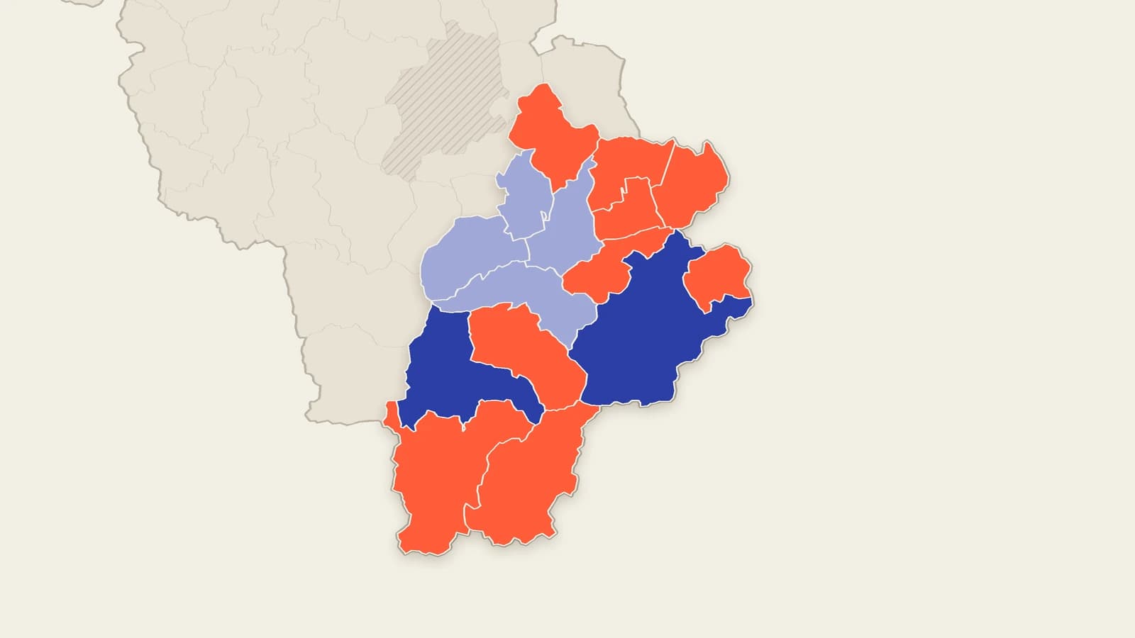 Mapa gmin powiatu żywieckiego. Pomarańczowe nie mają jeszcze wniosku, granatowe i jasnoniebieskie już mają.